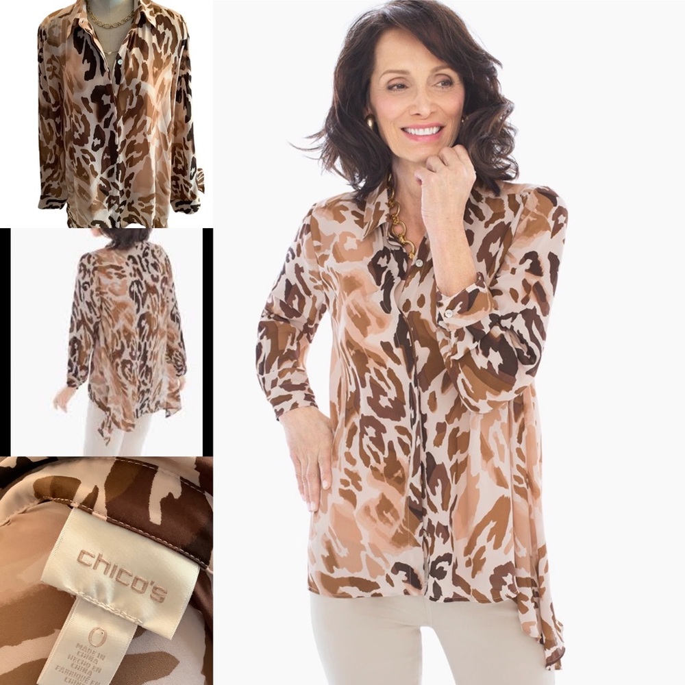 CHICOS WOMENS SHEER ANIMAL PRINT LONG SLEEVE BLOUSE SIZE‎ O